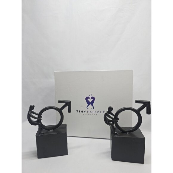 Tiny Purple Seahorse LGBTQIA+ Cast Iron Male With Symbols Book Ends- Set Of 2 - Picture 1 of 14